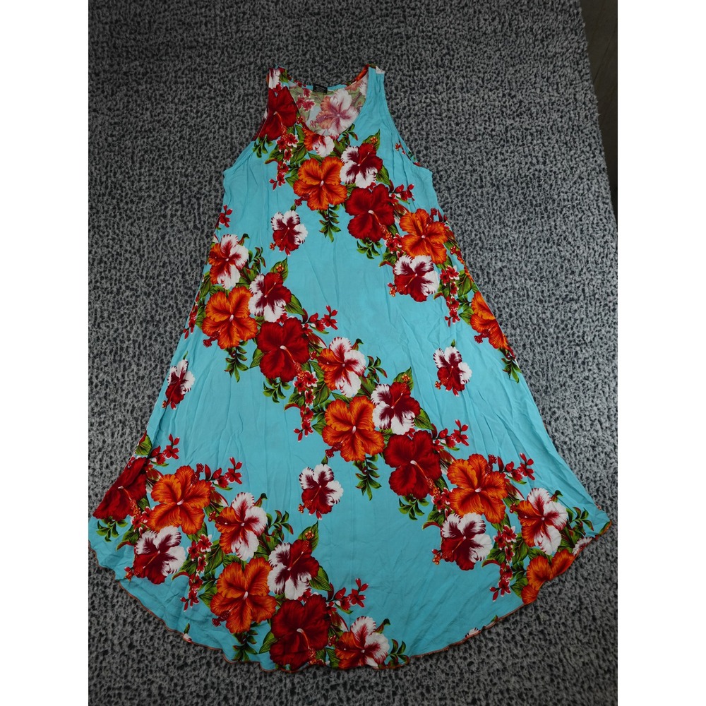 Aloha Fashion Midi Dress Womens OSFM Blue Floral Tropical Rayon Sleeveless